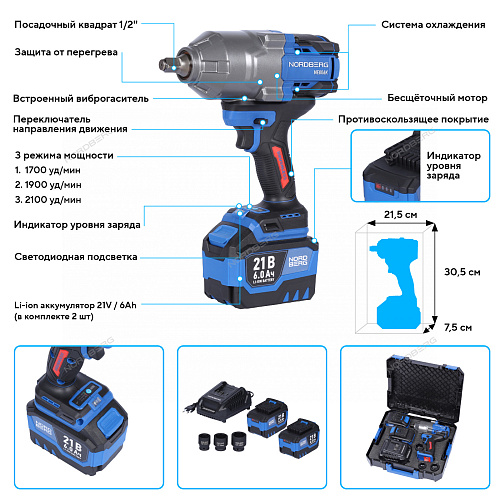 NE806K-1/2 Гайковерт аккумуляторный 1/2&amp;quot;, 21В, 1500 Нм с двумя 6A аккум. и зар. уст-вом, в кейсе