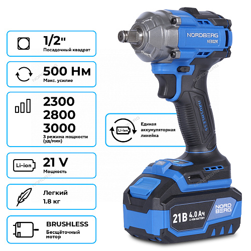 NE802K Гайковерт аккумуляторный 1/2&amp;quot;, 21В, 500 Нм с двумя 4A аккум. и зар. уст-вом, в кейсе