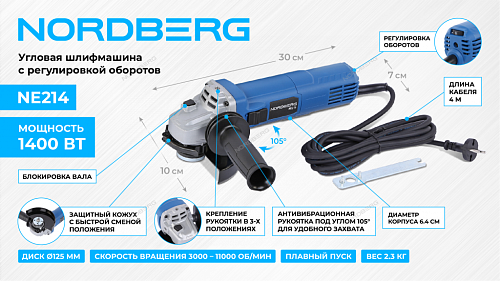 NE214 Угловая шлифмашина с регулировкой оборотов, 125 мм, 1400 Вт
