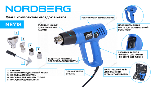NE718 Фен, 4 насадки, в кейсе, 50-600 °С, 2000 Вт