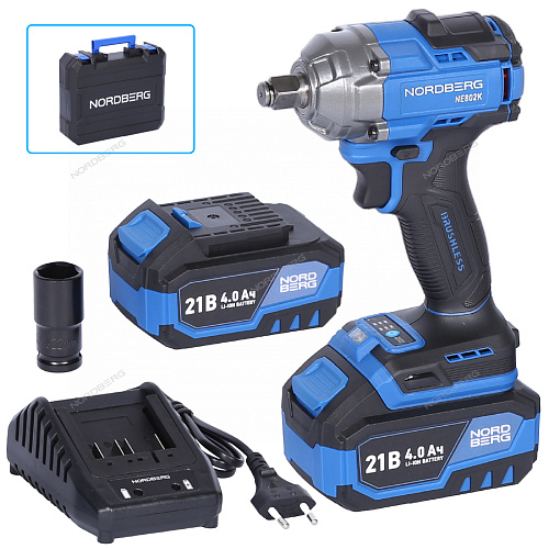 NE802K Гайковерт аккумуляторный 1/2&amp;quot;, 21В, 500 Нм с двумя 4A аккум. и зар. уст-вом, в кейсе